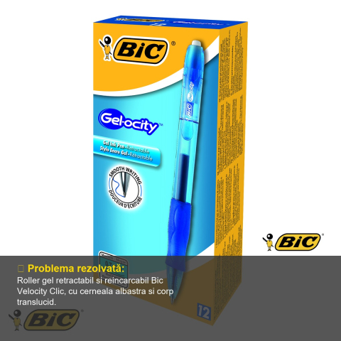 Roller gel retractabil Bic Velocity Clic, cerneala albastra, corp translucid cu grip, pentru birou si scoala [3]