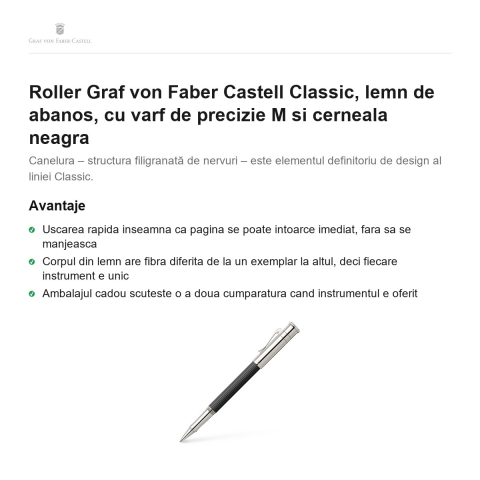 Roller Graf von Faber Castell Classic, lemn de abanos, cu varf de precizie M si cerneala neagra [1]