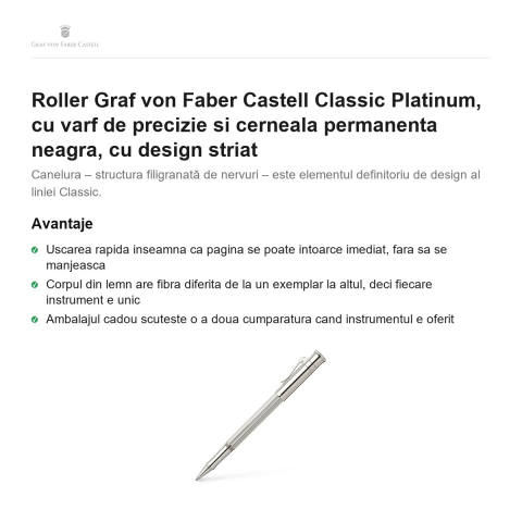 Roller Graf von Faber Castell Classic Platinum, cu varf de precizie si cerneala permanenta neagra, cu design striat [1]