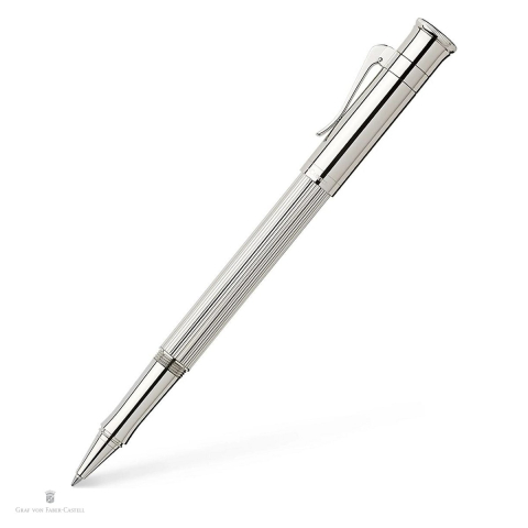 Instrumente de scris - Roller Graf von Faber Castell Classic Platinum, cu varf de precizie si cerneala permanenta neagra, cu design striat