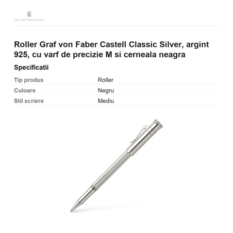 Roller Graf von Faber Castell Classic Silver, argint 925, cu varf de precizie M si cerneala neagra [2]