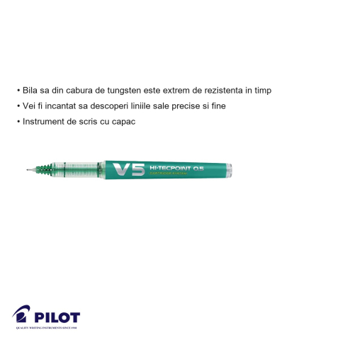 Roller Pilot Hi-Tecpoint V5, varf 0.5mm, cerneala lichida verde, pentru scriere precisa si confortabila [2]