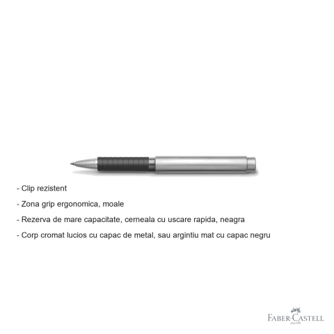 Roller premium Faber-Castell, corp metalic cromat mat cu capac negru, grip ergonomic moale, cerneala neagra cu uscare rapida [1]