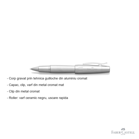 Roller premium Faber-Castell e-motion Pure Silver, corp aluminiu cromat guilloche, varf ceramic negru, pentru birou si scriere eleganta [1]