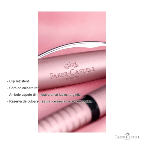Roller premium Faber-Castell Essentio Aluminium, corp roz cu capete cromate argintii, cerneala neagra cu uscare rapida [1]