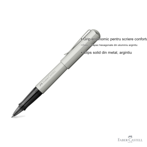 Roller premium Faber-Castell Hexo argintiu mat, corp hexagonal din aluminiu, grip ergonomic, cerneala neagra [2]