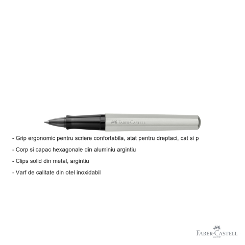 Roller premium Faber-Castell Hexo argintiu mat, corp hexagonal din aluminiu, grip ergonomic, cerneala neagra [1]
