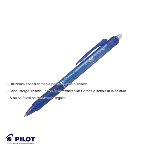 Roller retractabil Pilot FriXion Ball Clicker 0.5mm, cerneala albastra termo-sensibila, scriere si stergere repetata [1]