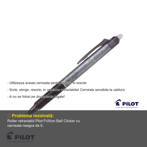 Roller retractabil Pilot FriXion Ball Clicker 0.5mm negru, cerneala termosensibila, scriere si stergere repetata [1]