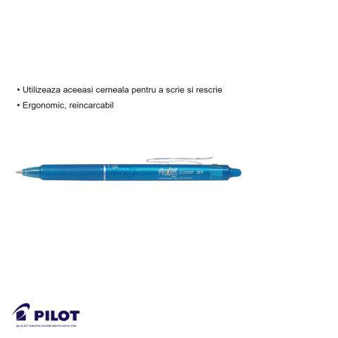 Roller retractabil Pilot FriXion Clicker 0.7mm, cerneala albastru deschis, ergonomic si reincarcabil [2]