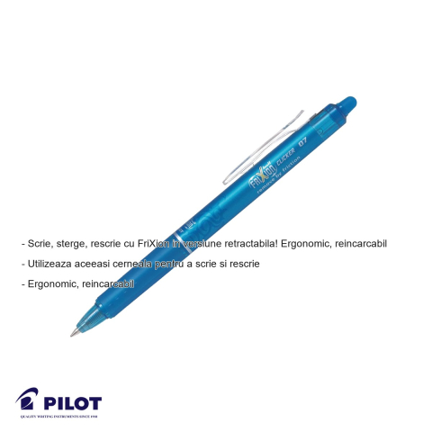 Roller retractabil Pilot FriXion Clicker 0.7mm, cerneala albastru deschis, ergonomic si reincarcabil [1]