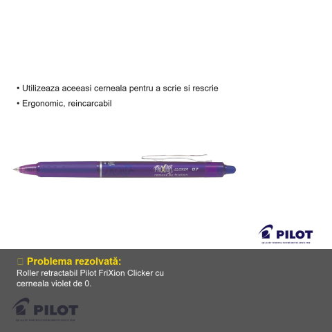 Roller retractabil Pilot FriXion Clicker 0.7mm, cerneala violet termosensibila, reutilizabil si ergonomic [2]
