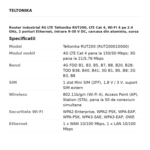 Router industrial 4G LTE Teltonika RUT200, LTE Cat 4, Wi-Fi 4 pe 2.4 GHz, 2 porturi Ethernet, intrare 9-30 V DC, carcasa din aluminiu, sursa EU inclusa, RUT200010000 [2]
