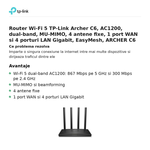 Router Wi-Fi 5 TP-Link Archer C6, AC1200, dual-band, MU-MIMO, 4 antene fixe, 1 port WAN si 4 porturi LAN Gigabit, EasyMesh, ARCHER C6 [1]