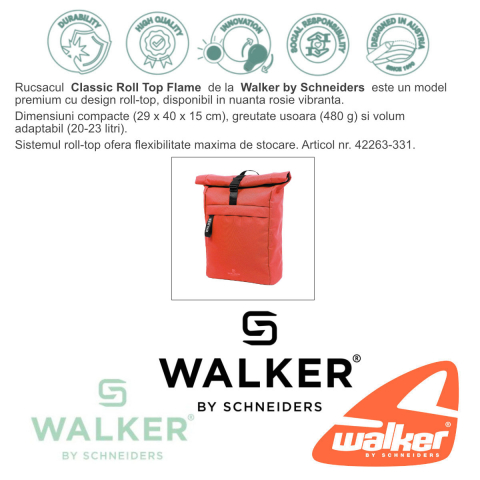 Rucsac Classic Roll Top Flame, Walker by Schneiders, 29 x 40 x 15 cm, 20-23 L, rosu [1]