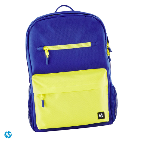 Genti laptop - Rucsac laptop HP Campus Blue Backpack pentru laptop 15,6 inch, 17 L, fermoare blocabile, husa de ploaie, curea pentru troler, 50% plastic reciclat, albastru cu galben-lime, 7K0E5AA