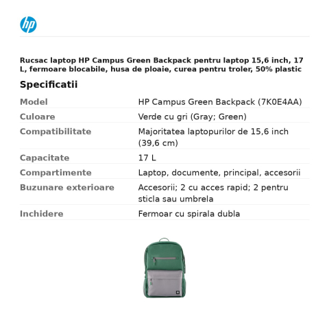Rucsac laptop HP Campus Green Backpack pentru laptop 15,6 inch, 17 L, fermoare blocabile, husa de ploaie, curea pentru troler, 50% plastic reciclat, verde cu gri, 7K0E4AA [2]