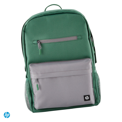 Genti laptop - Rucsac laptop HP Campus Green Backpack pentru laptop 15,6 inch, 17 L, fermoare blocabile, husa de ploaie, curea pentru troler, 50% plastic reciclat, verde cu gri, 7K0E4AA