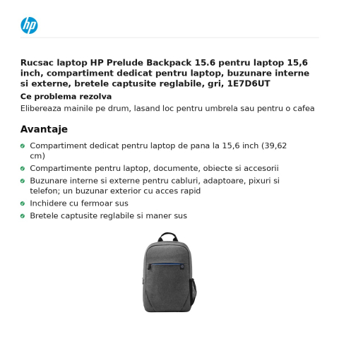 Rucsac laptop HP Prelude Backpack 15.6 pentru laptop 15,6 inch, compartiment dedicat pentru laptop, buzunare interne si externe, bretele captusite reglabile, gri, 1E7D6UT [1]