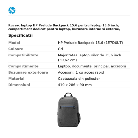Rucsac laptop HP Prelude Backpack 15.6 pentru laptop 15,6 inch, compartiment dedicat pentru laptop, buzunare interne si externe, bretele captusite reglabile, gri, 1E7D6UT [2]