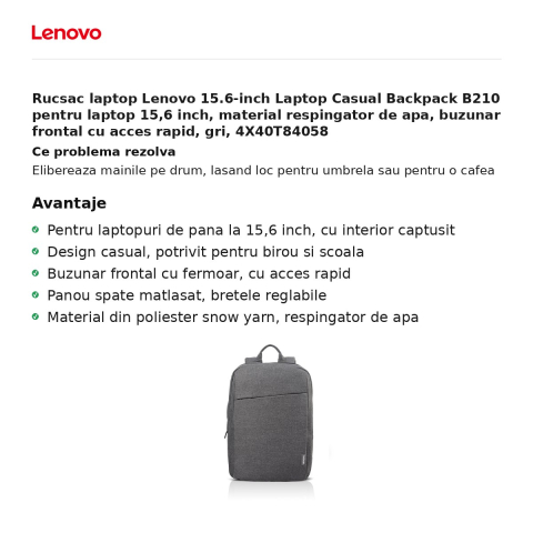 Rucsac laptop Lenovo 15.6-inch Laptop Casual Backpack B210 pentru laptop 15,6 inch, material respingator de apa, buzunar frontal cu acces rapid, gri, 4X40T84058 [1]