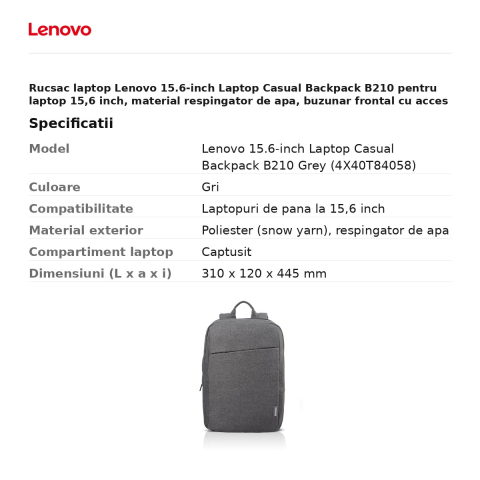 Rucsac laptop Lenovo 15.6-inch Laptop Casual Backpack B210 pentru laptop 15,6 inch, material respingator de apa, buzunar frontal cu acces rapid, gri, 4X40T84058 [2]