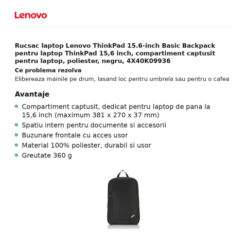 Rucsac laptop Lenovo ThinkPad 15.6-inch Basic Backpack pentru laptop ThinkPad 15,6 inch, compartiment captusit pentru laptop, poliester, negru, 4X40K09936 [1]