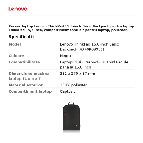 Rucsac laptop Lenovo ThinkPad 15.6-inch Basic Backpack pentru laptop ThinkPad 15,6 inch, compartiment captusit pentru laptop, poliester, negru, 4X40K09936 [2]