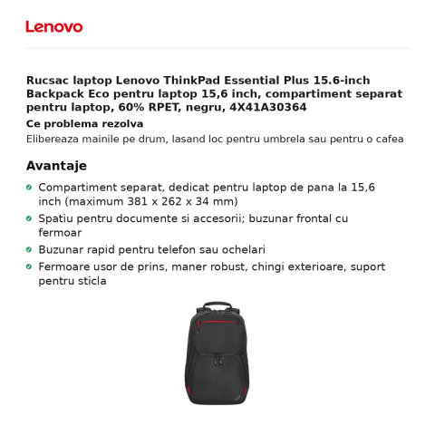 Rucsac laptop Lenovo ThinkPad Essential Plus 15.6-inch Backpack Eco pentru laptop 15,6 inch, compartiment separat pentru laptop, 60% RPET, negru, 4X41A30364 [1]