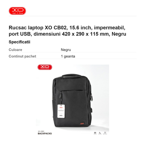 Rucsac laptop XO CB02, 15.6 inch, impermeabil, port USB, dimensiuni 420 x 290 x 115 mm, Negru [2]