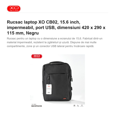 Rucsac laptop XO CB02, 15.6 inch, impermeabil, port USB, dimensiuni 420 x 290 x 115 mm, Negru [1]