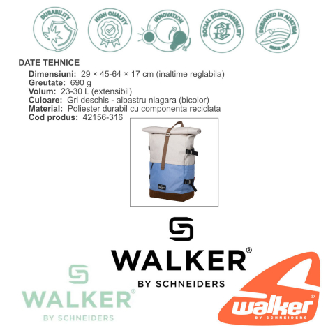 Rucsac lifestyle Roll Up Two, produs Walker by Schneiders, 29x45-64x17 cm, gri deschis-albastru niagara [3]