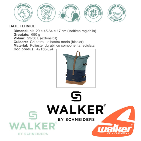 Rucsac lifestyle Roll Up Two, produs Walker by Schneiders, 29x45-64x17 cm, gri petrol-albastru marin [1]