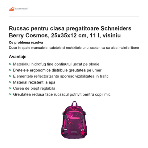 Rucsac pentru clasa pregatitoare Schneiders Berry Cosmos, 25x35x12 cm, 11 l, visiniu [1]