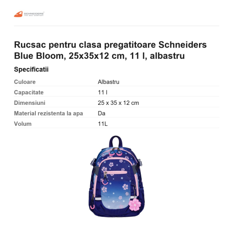 Rucsac pentru clasa pregatitoare Schneiders Blue Bloom, 25x35x12 cm, 11 l, albastru [2]