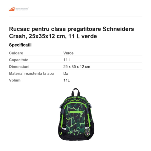 Rucsac pentru clasa pregatitoare Schneiders Crash, 25x35x12 cm, 11 l, verde [2]