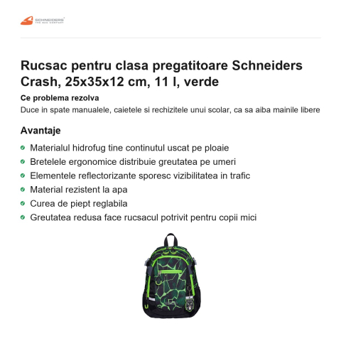 Rucsac pentru clasa pregatitoare Schneiders Crash, 25x35x12 cm, 11 l, verde [1]