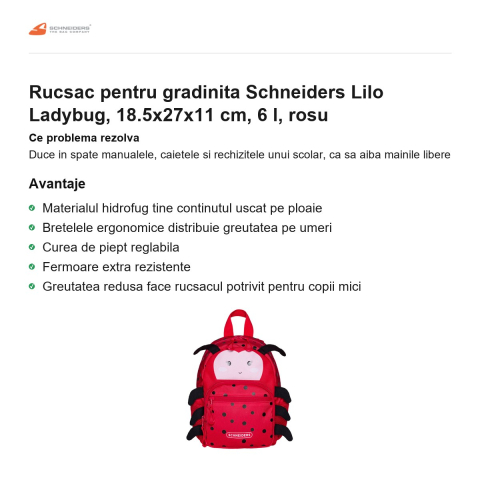 Rucsac pentru gradinita Schneiders Lilo Ladybug, 18.5x27x11 cm, 6 l, rosu [1]