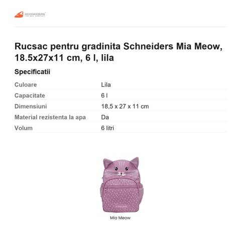 Rucsac pentru gradinita Schneiders Mia Meow, 18.5x27x11 cm, 6 l, lila [2]