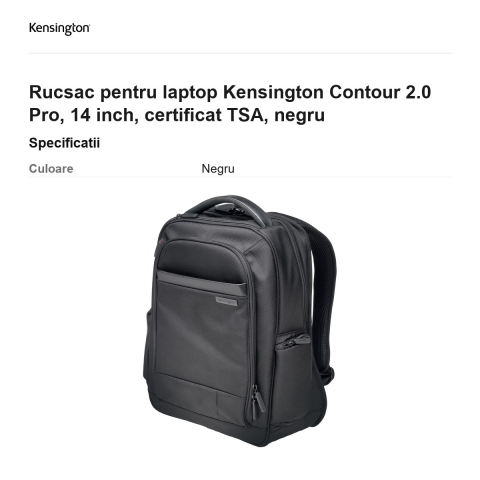 Rucsac pentru laptop Kensington Contour 2.0 Pro, 14 inch, certificat TSA, negru [2]