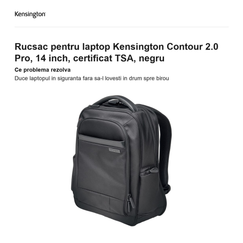 Rucsac pentru laptop Kensington Contour 2.0 Pro, 14 inch, certificat TSA, negru [1]