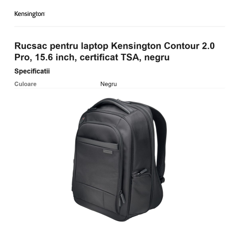 Rucsac pentru laptop Kensington Contour 2.0 Pro, 15.6 inch, certificat TSA, negru [2]