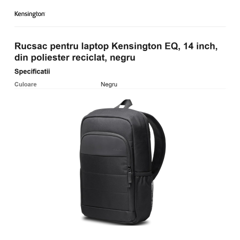 Rucsac pentru laptop Kensington EQ, 14 inch, din poliester reciclat, negru [2]