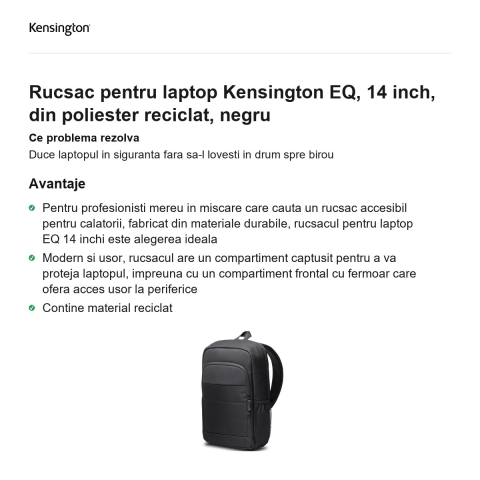 Rucsac pentru laptop Kensington EQ, 14 inch, din poliester reciclat, negru [1]