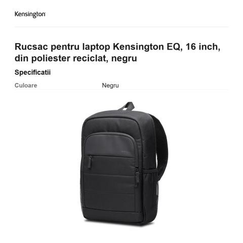 Rucsac pentru laptop Kensington EQ, 16 inch, din poliester reciclat, negru [2]