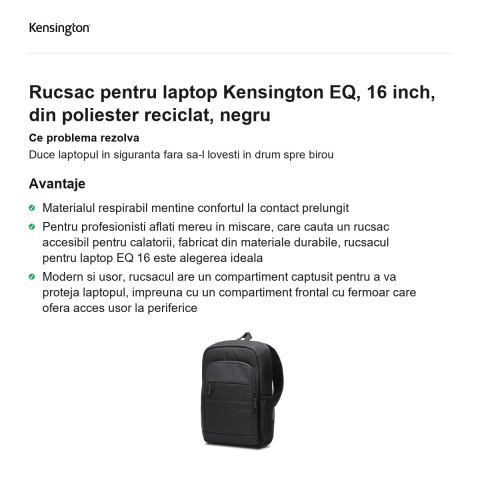 Rucsac pentru laptop Kensington EQ, 16 inch, din poliester reciclat, negru [1]