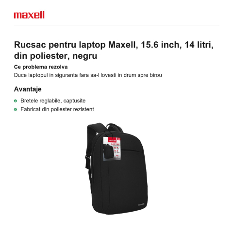 Rucsac pentru laptop Maxell, 15.6 inch, 14 litri, din poliester, negru [1]