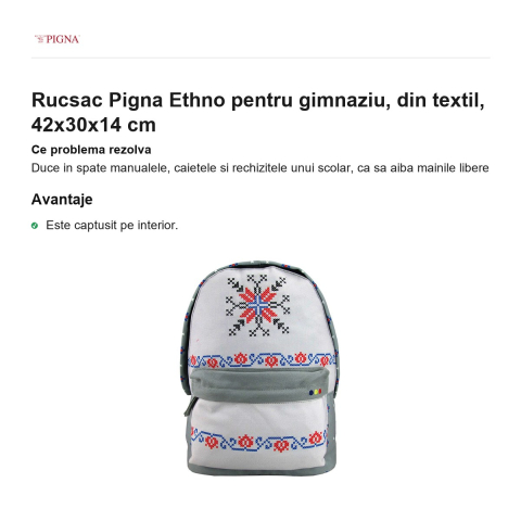 Rucsac Pigna Ethno pentru gimnaziu, din textil, 42x30x14 cm [1]
