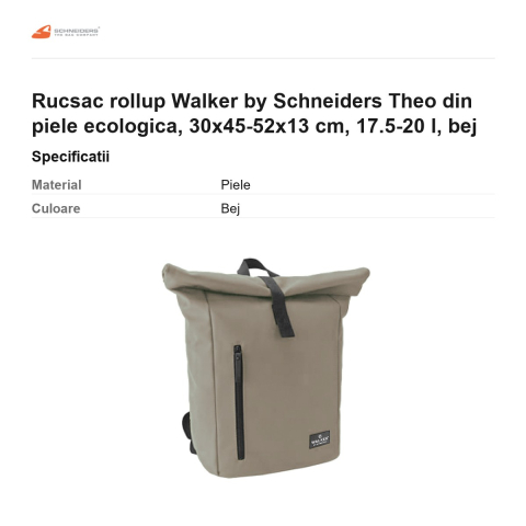 Rucsac rollup Walker by Schneiders Theo din piele ecologica, 30x45-52x13 cm, 17.5-20 l, bej [2]
