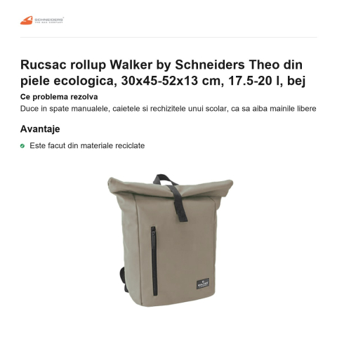 Rucsac rollup Walker by Schneiders Theo din piele ecologica, 30x45-52x13 cm, 17.5-20 l, bej [1]
